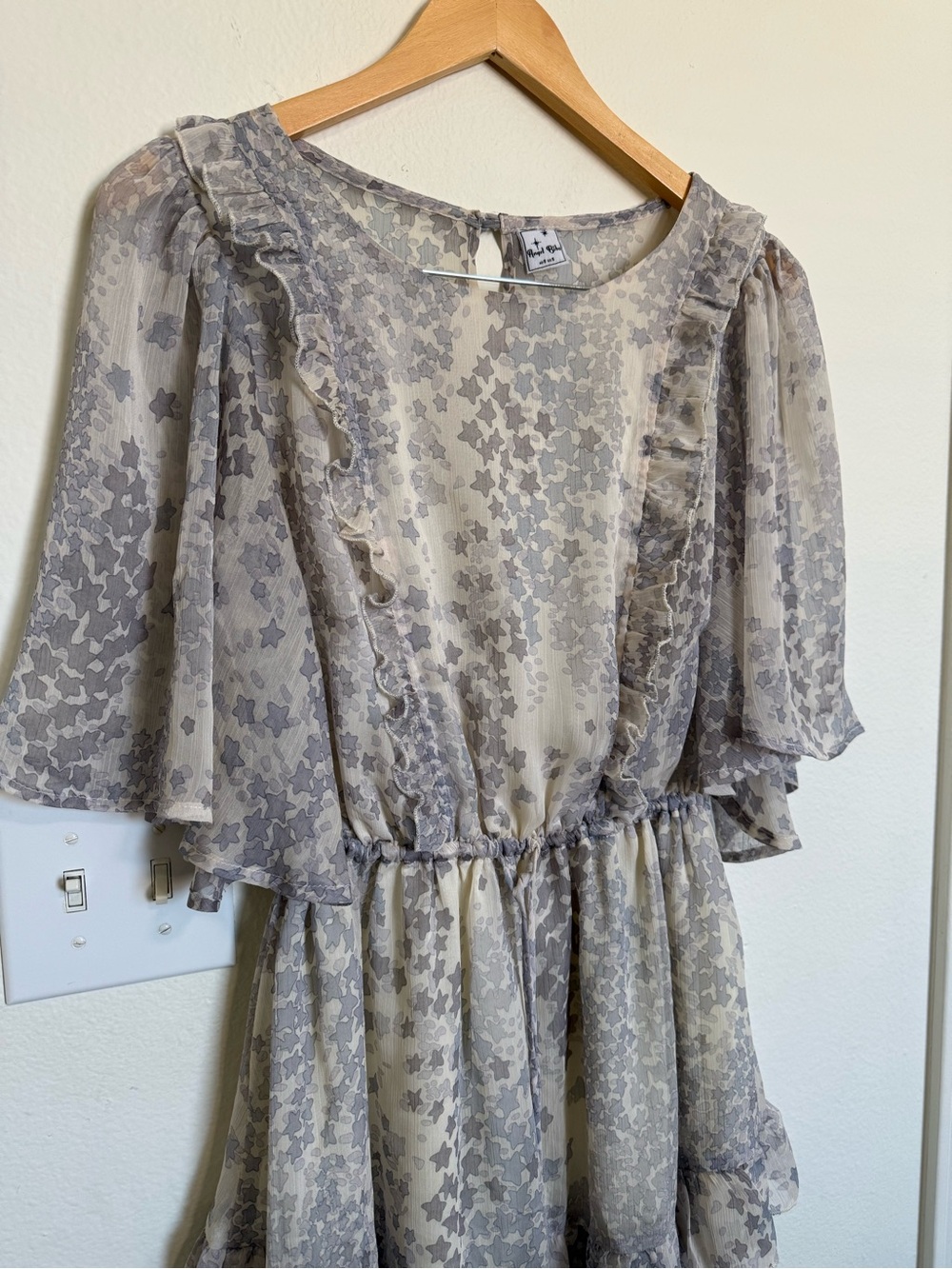 Angel Biba Cream and Gray Star-Print Midi Dress